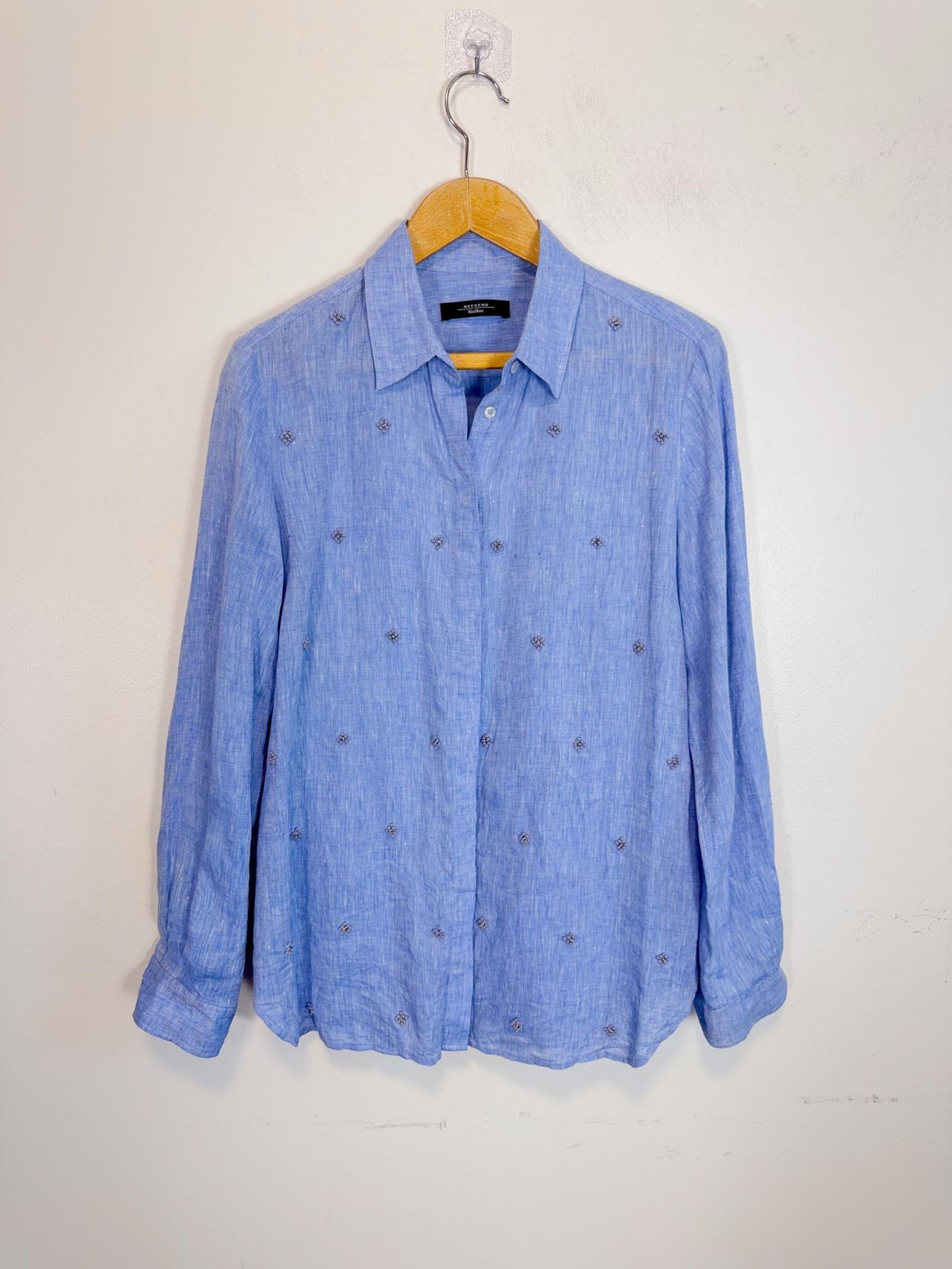 Weekend Max Mara Linen Embellished Blouse in Blue (Size M/L)