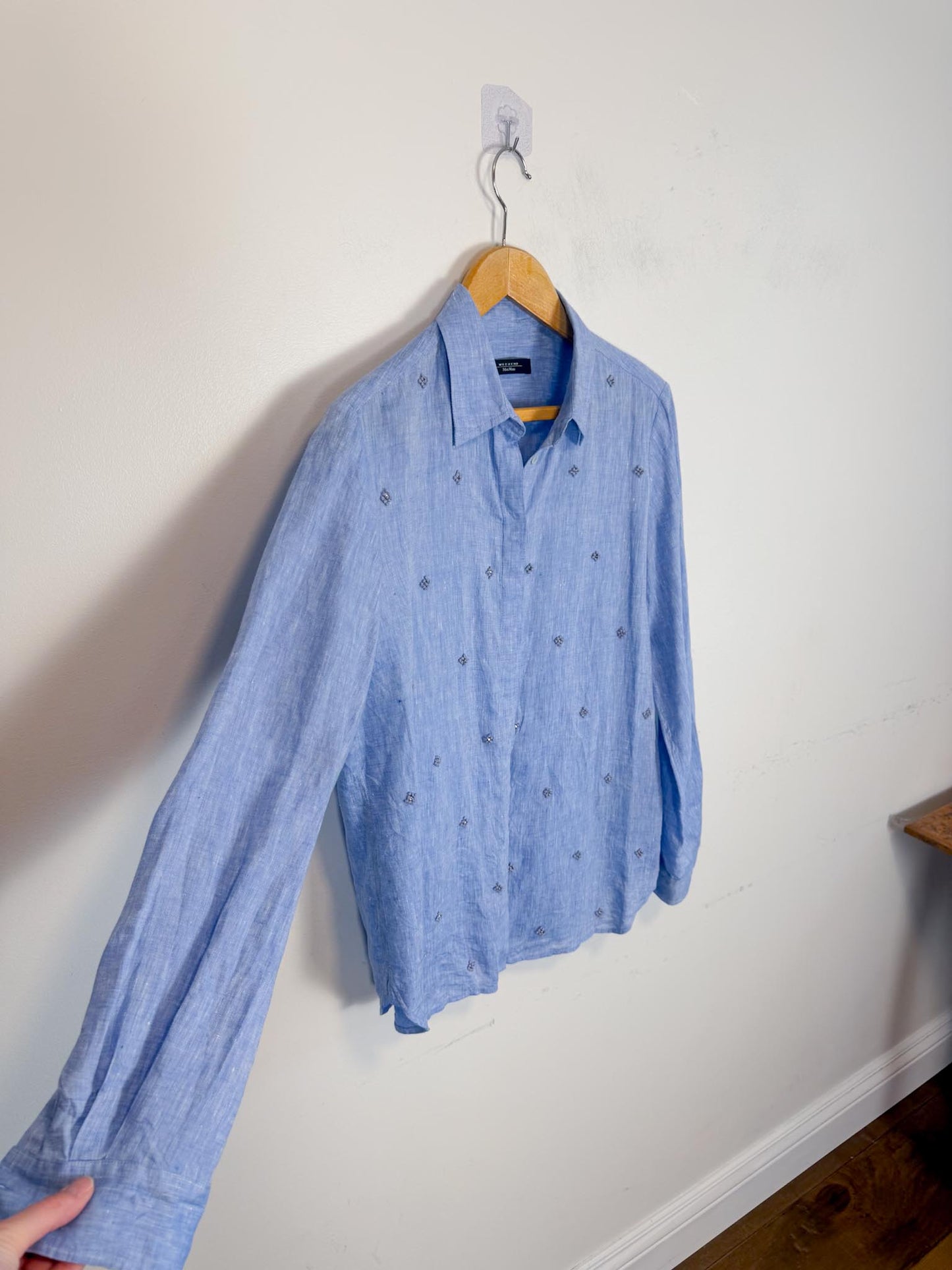 Weekend Max Mara Linen Embellished Blouse in Blue (Size M/L)
