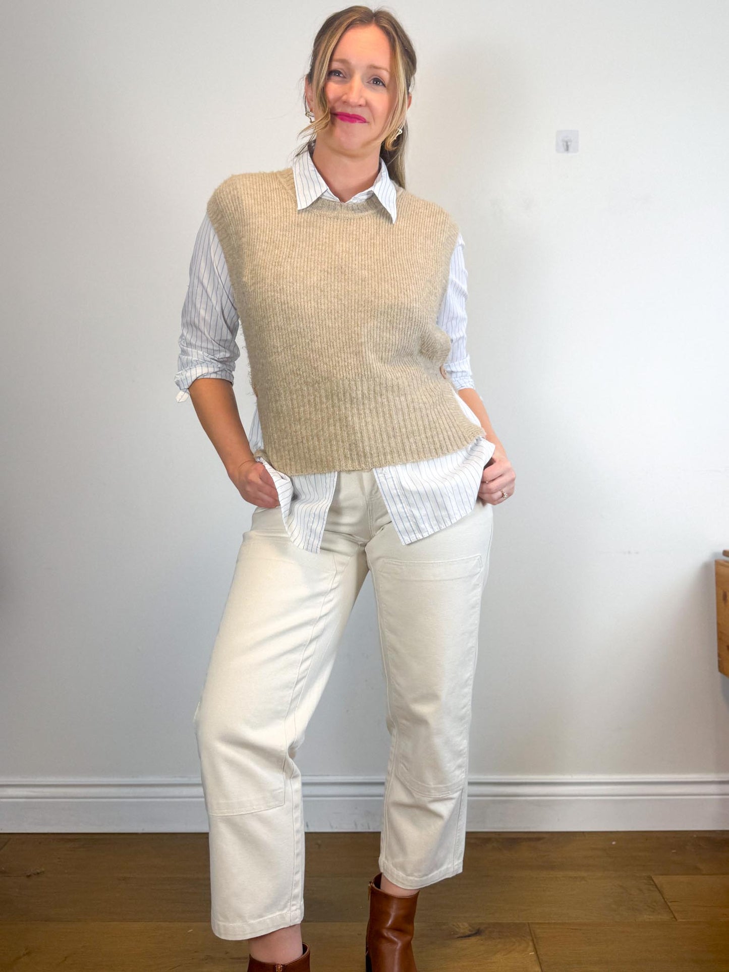 Babaton Striped Button Down in White/Blue (Size M)