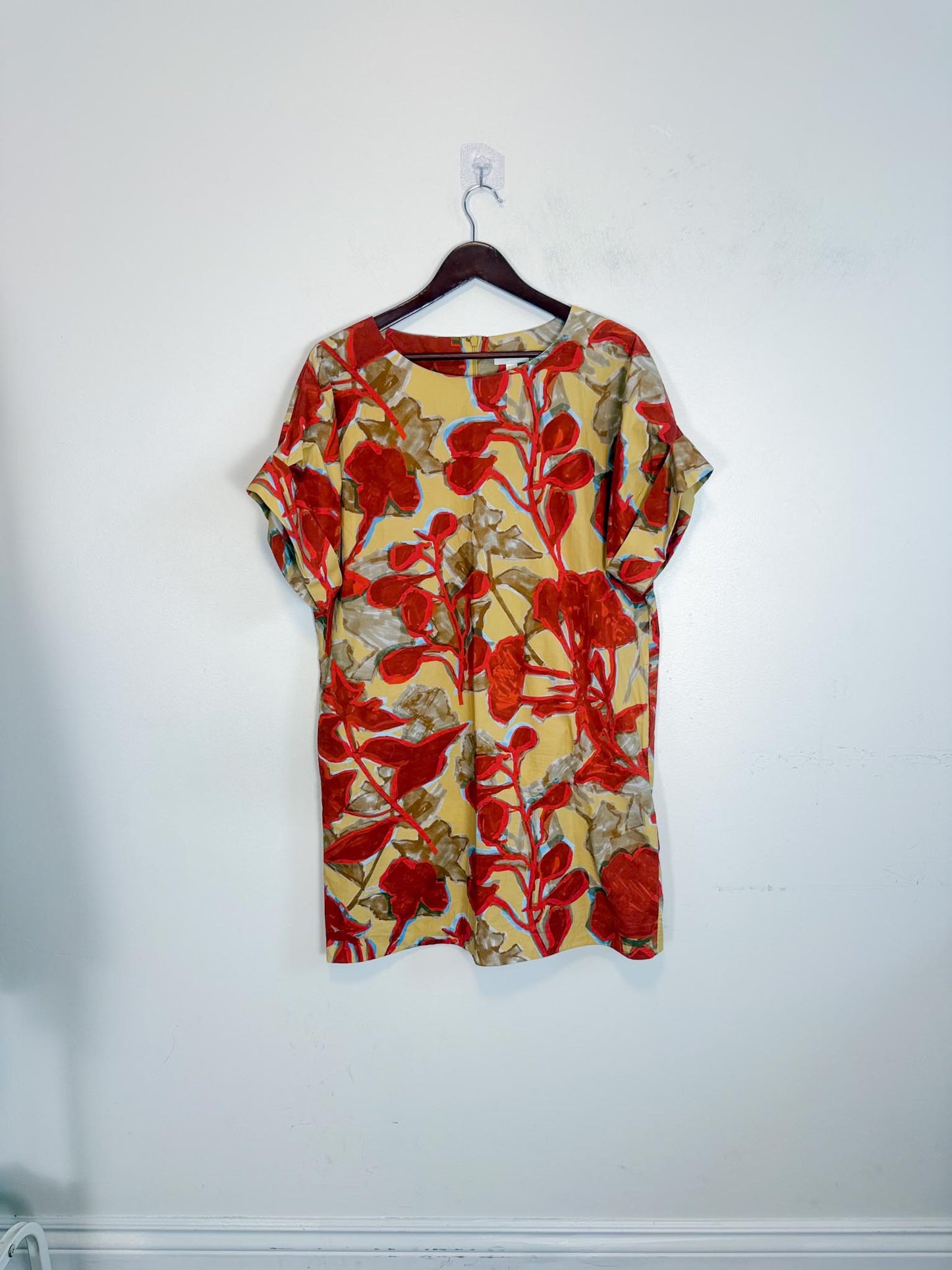 COS "Printed Roll-Sleeved Dress in Red/Yellow Floral" (Size M/L)