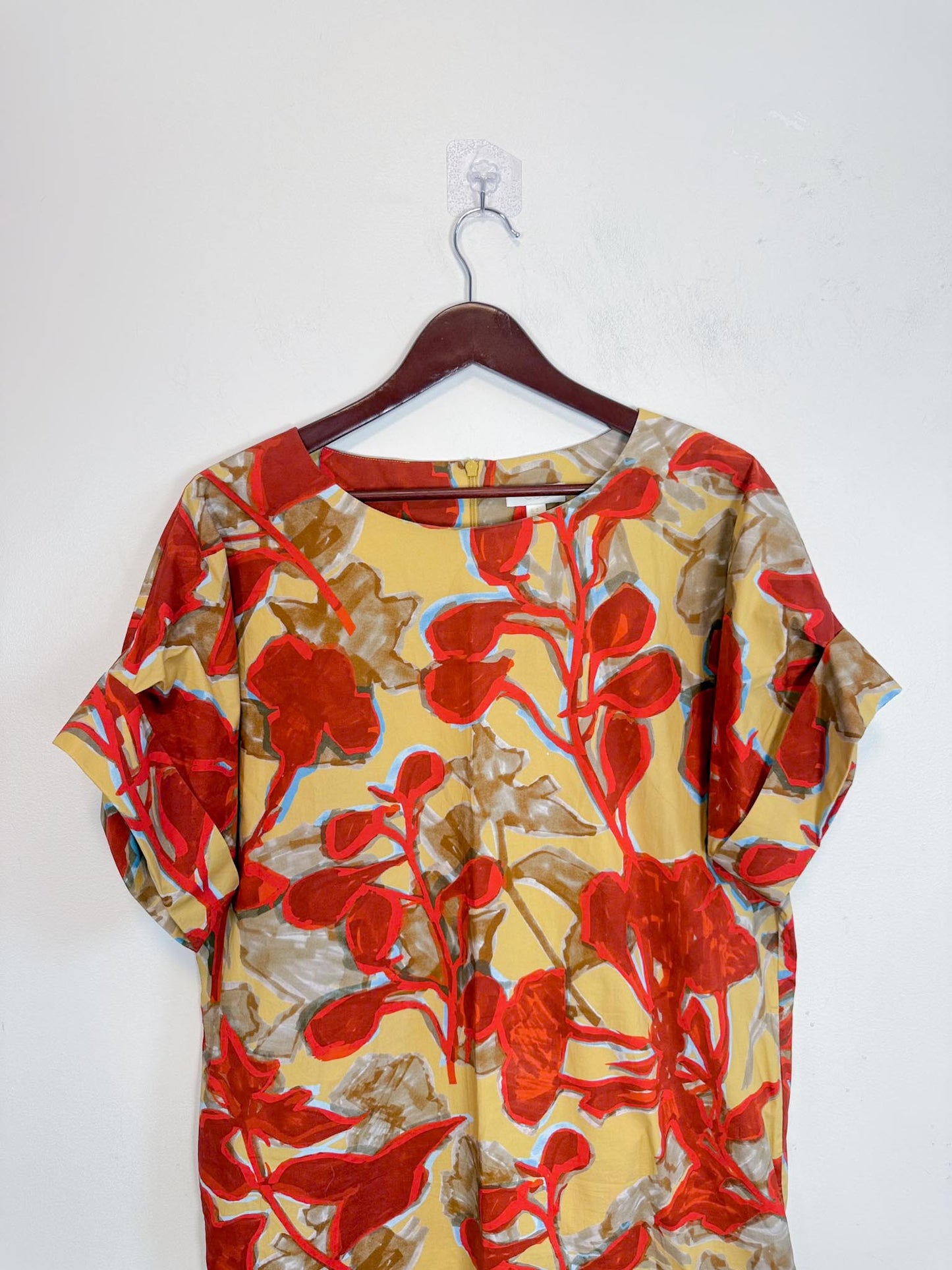 COS "Printed Roll-Sleeved Dress in Red/Yellow Floral" (Size M/L)