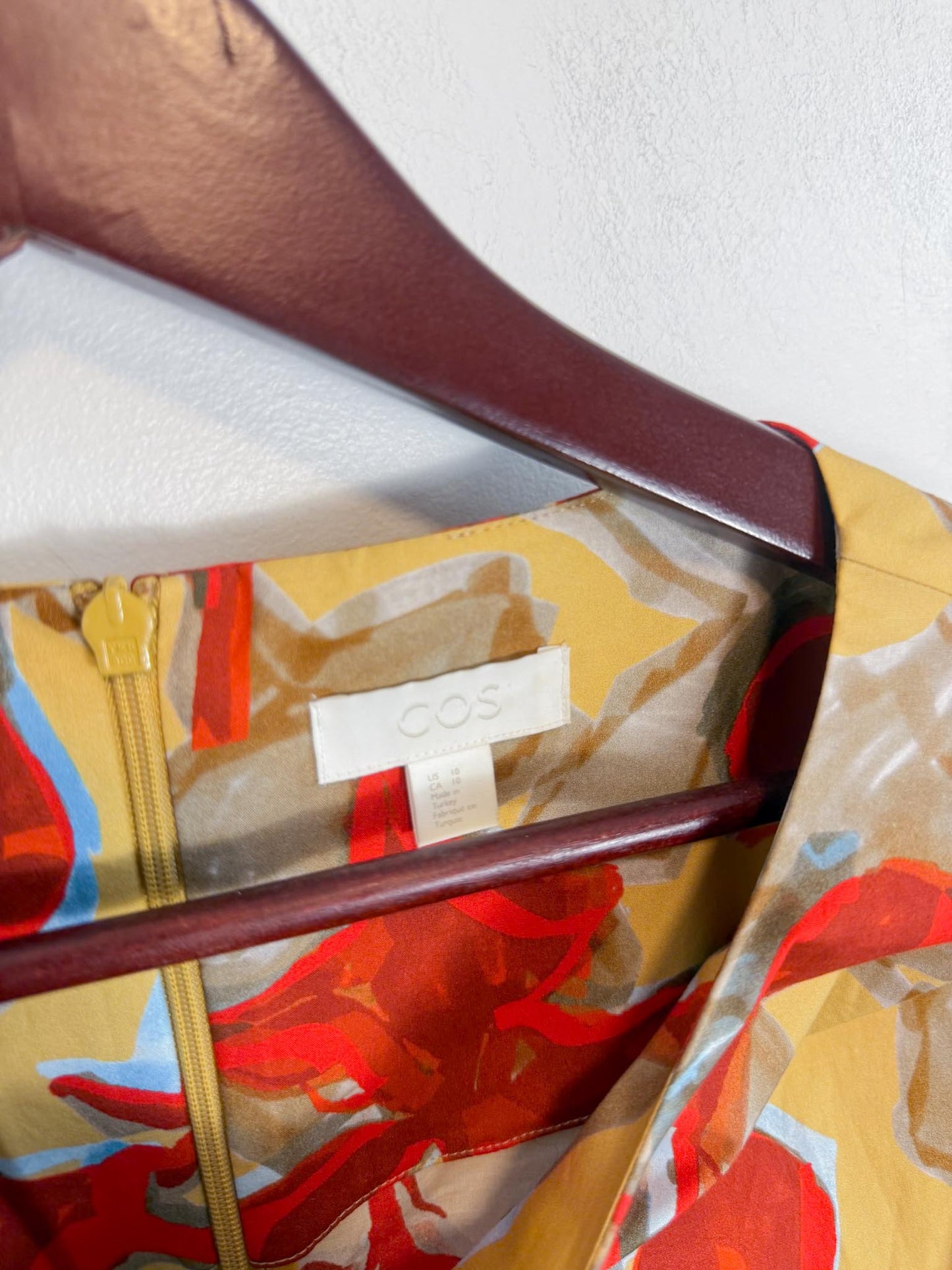 COS "Printed Roll-Sleeved Dress in Red/Yellow Floral" (Size M/L)