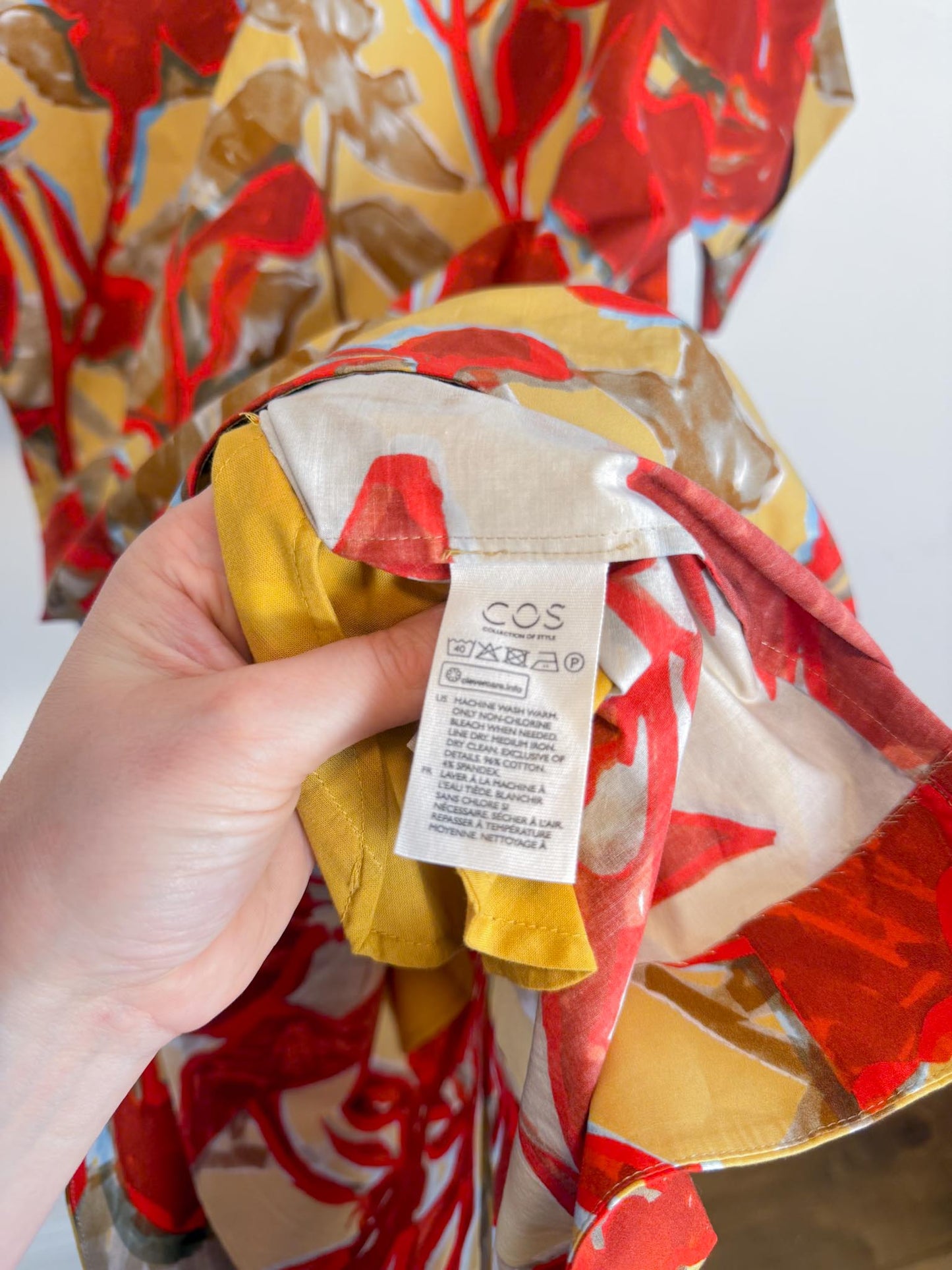 COS "Printed Roll-Sleeved Dress in Red/Yellow Floral" (Size M/L)