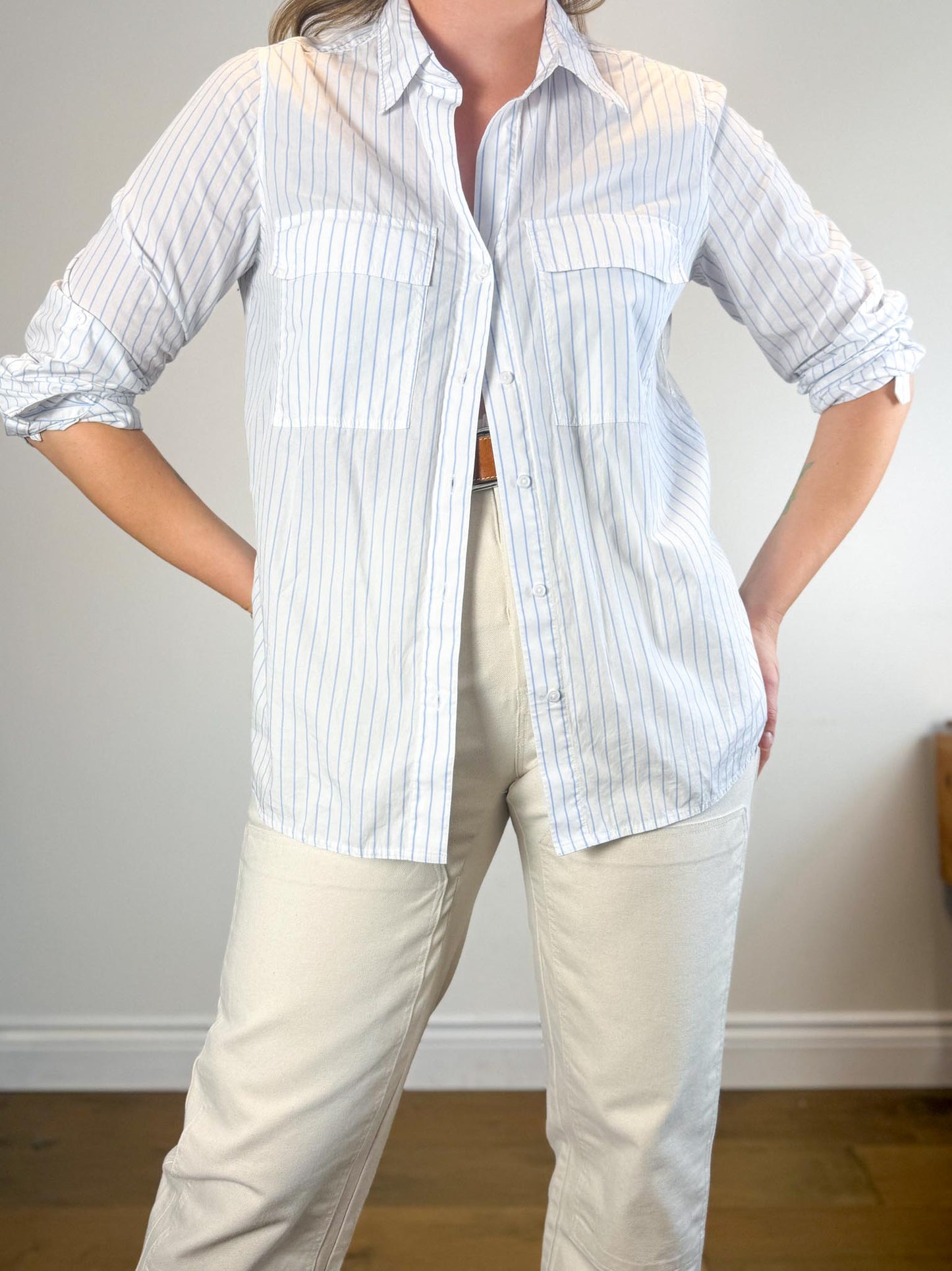 Babaton Striped Button Down in White/Blue (Size M)