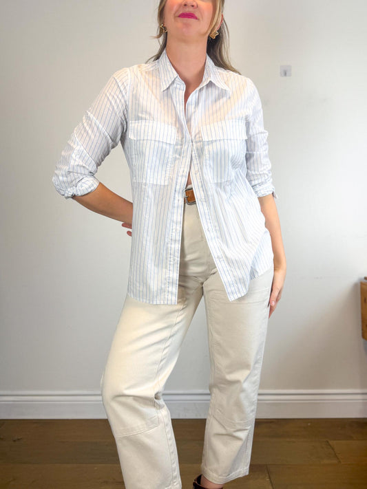 Babaton Striped Button Down in White/Blue (Size M)