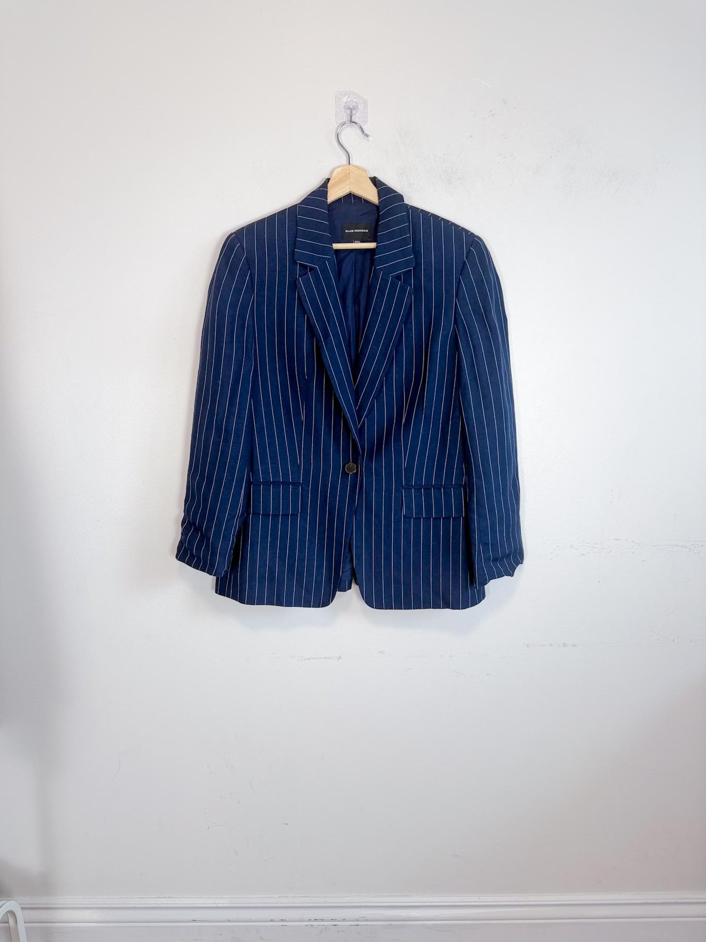Club Monaco Pinstriped Linen Blazer in Navy/White (Size L)