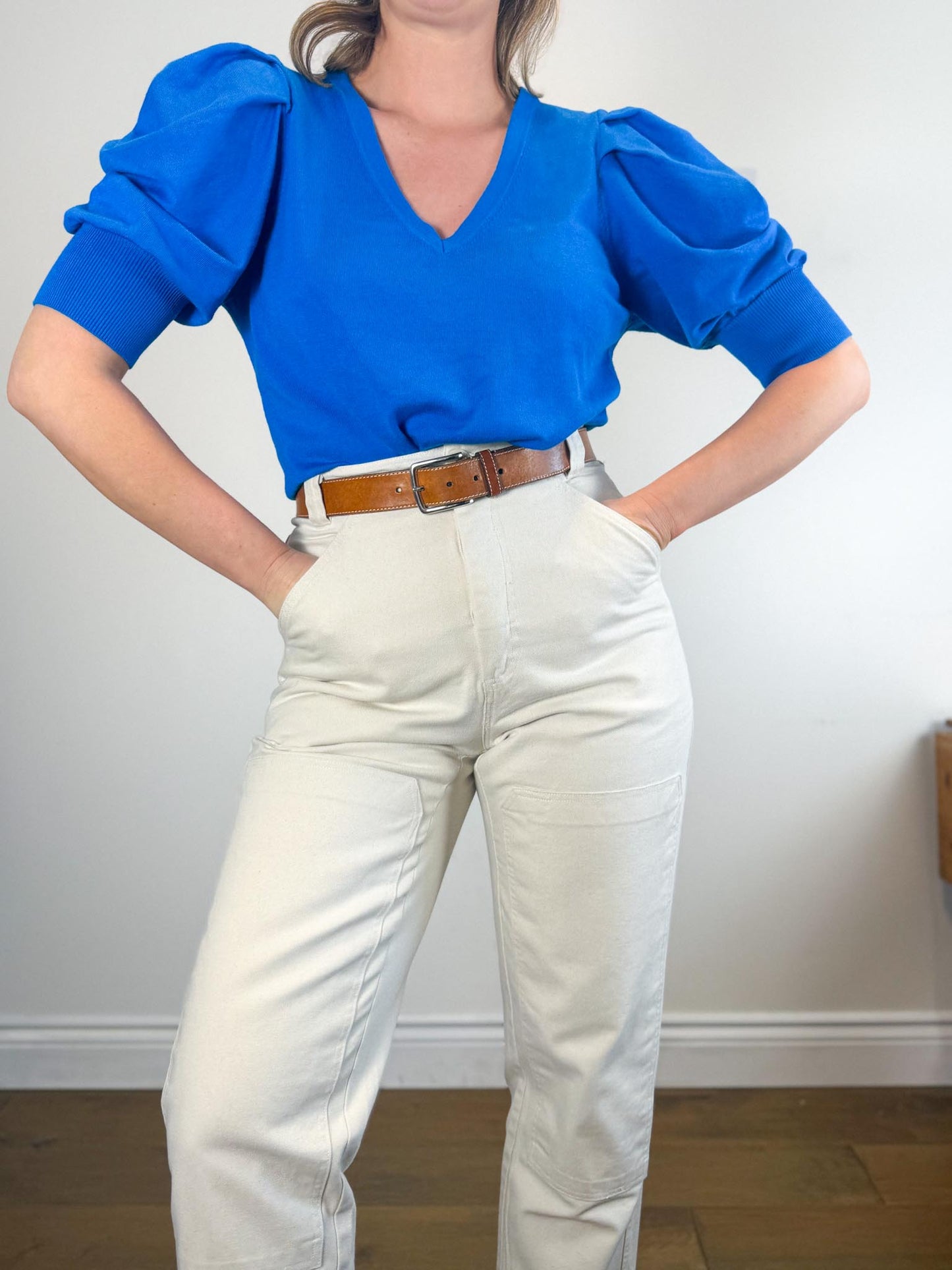 DKNY "Ribbed Knit Puff Sleeve T-Shirt in Blue (Size XL)