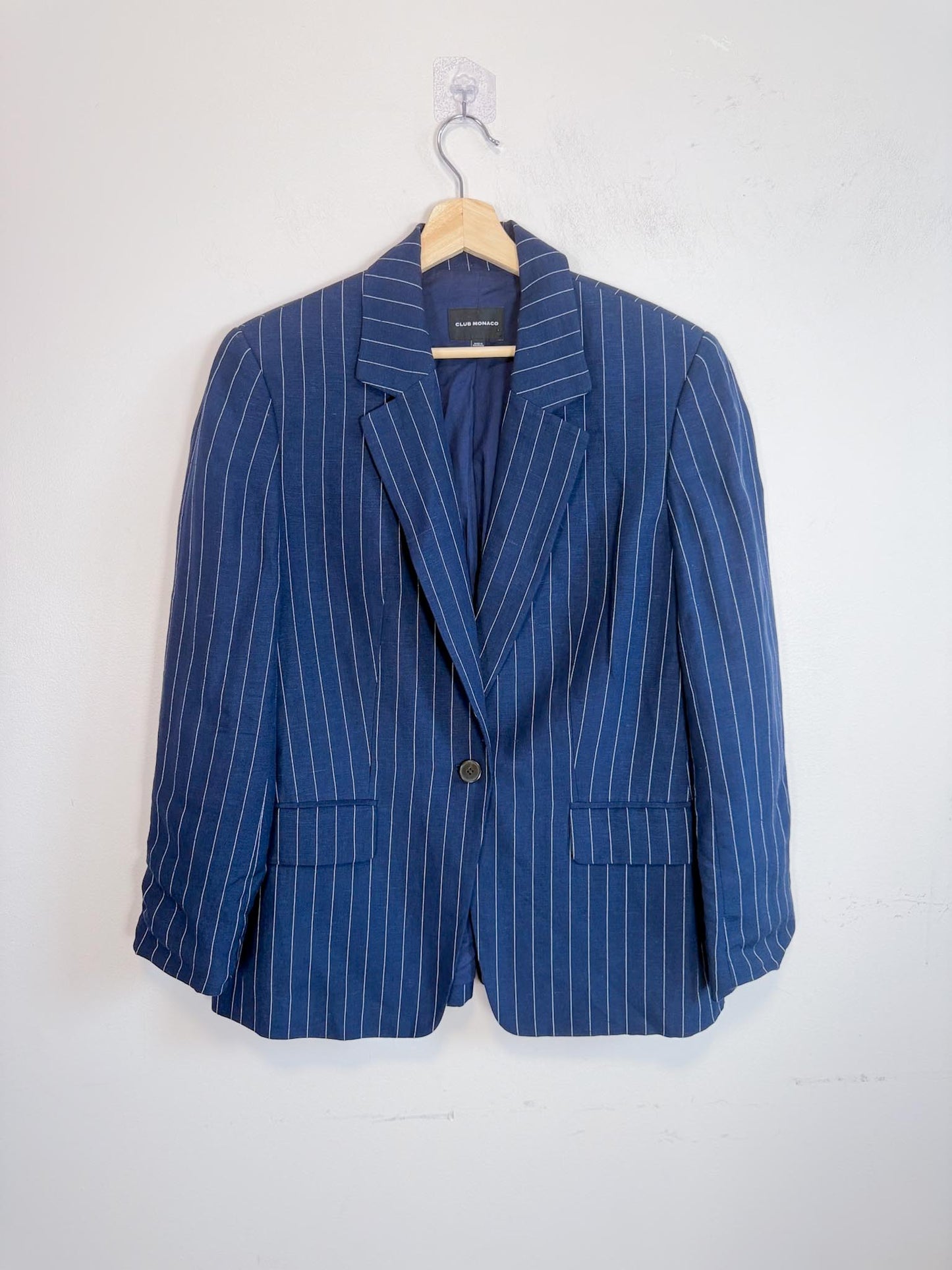 Club Monaco Pinstriped Linen Blazer in Navy/White (Size L)