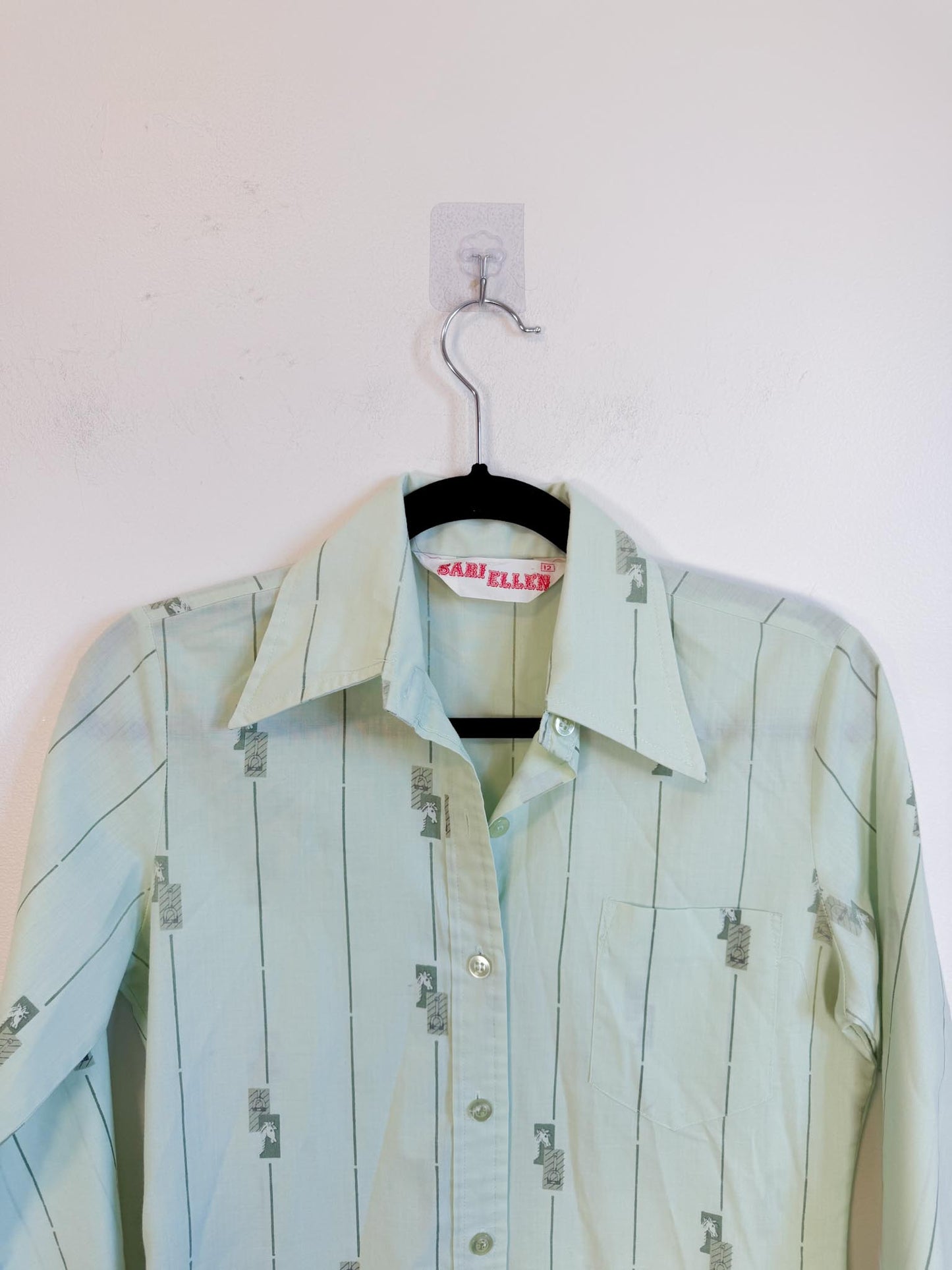 Vintage Horse Print Button Down in Green (Size S)