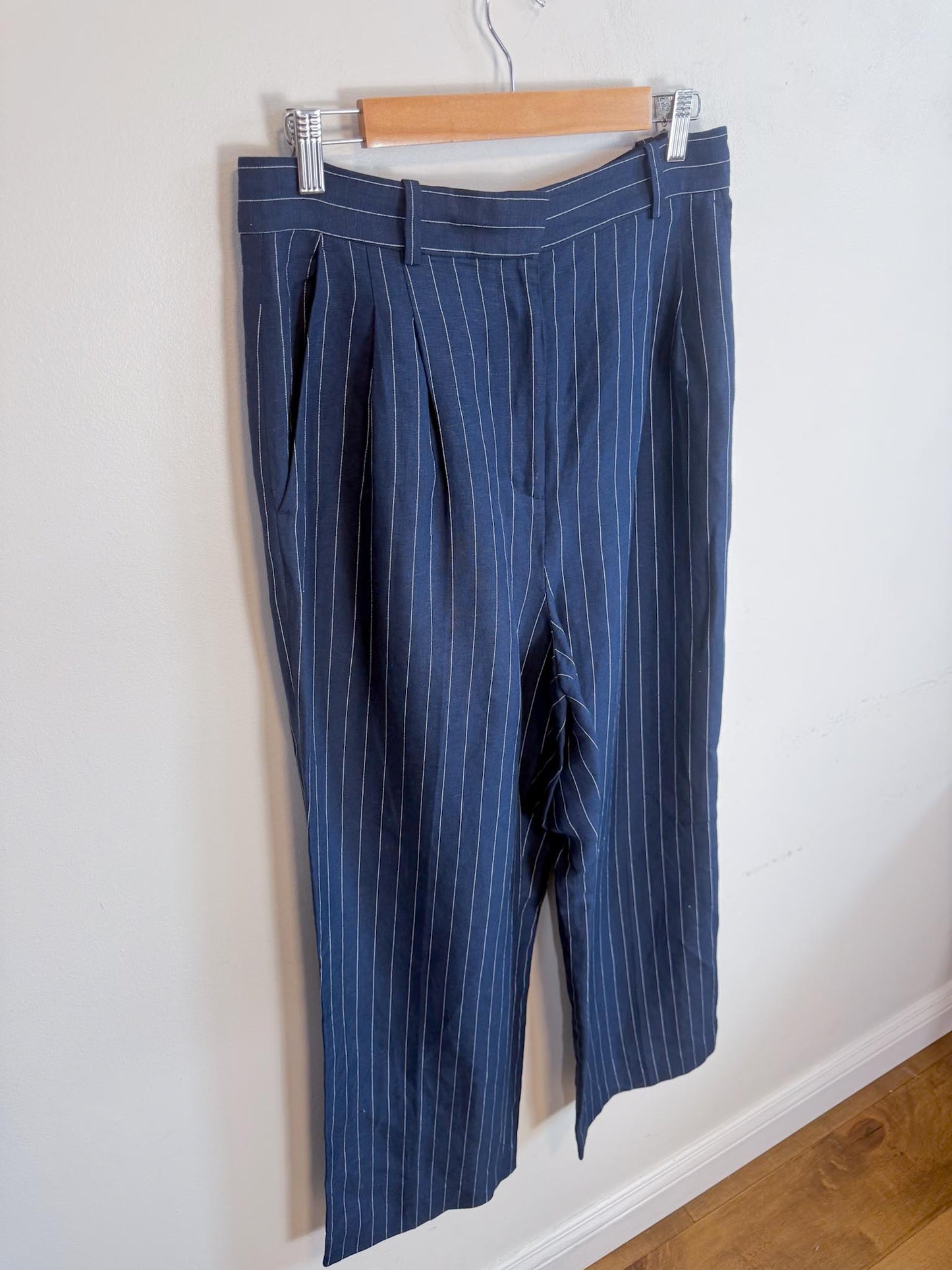Club Monaco Pinstriped Linen Trousers in Navy/White (Size 10)