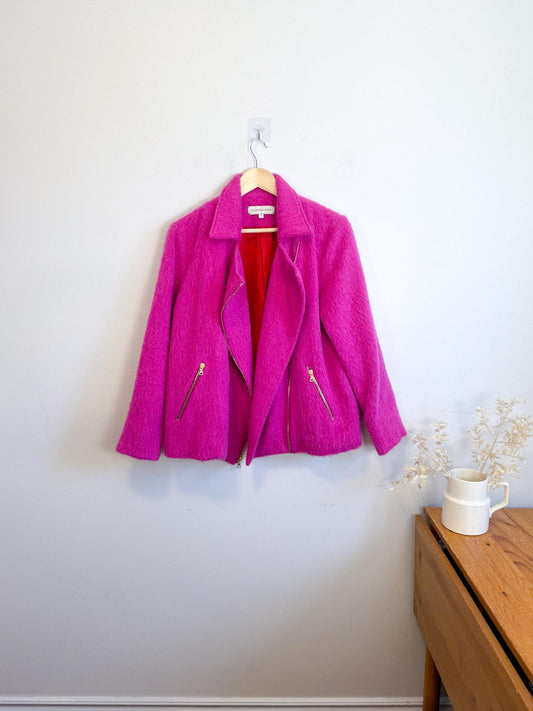 Eliza Faulkner Slow Fashion Silk Blend Fuzzy Moto Jacket in Hot Pink (Size S/M)