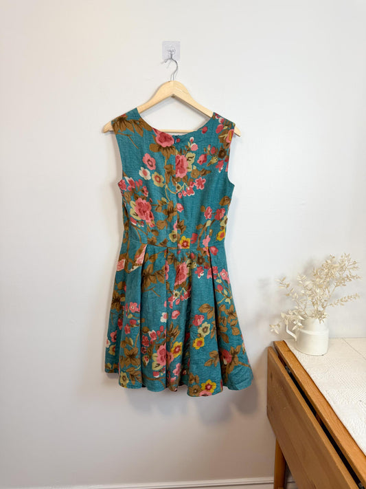 Annie 50 Canadian Made Floral Mini Dress in Teal/Pink (Size M)