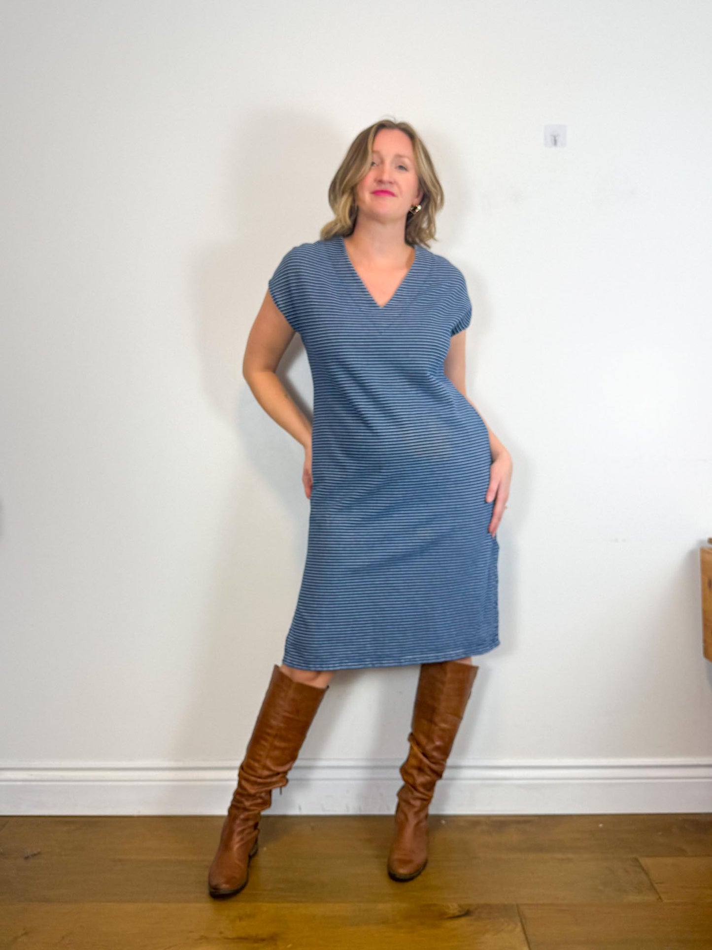 Dagg & Stacey Slow Fashion Striped Midi Dress in Blue/White (Size M/L)