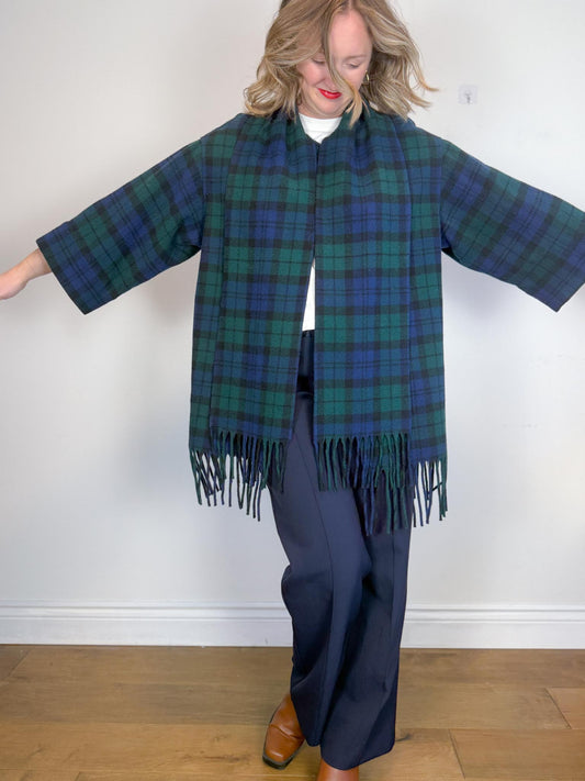Vintage Plaid Wool Coat with Attached Scarf & Fringe (Size L)