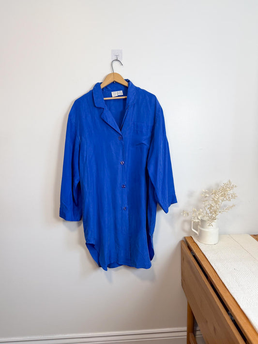Vintage Silk Long Blouse in Royal Blue (Size M/L)
