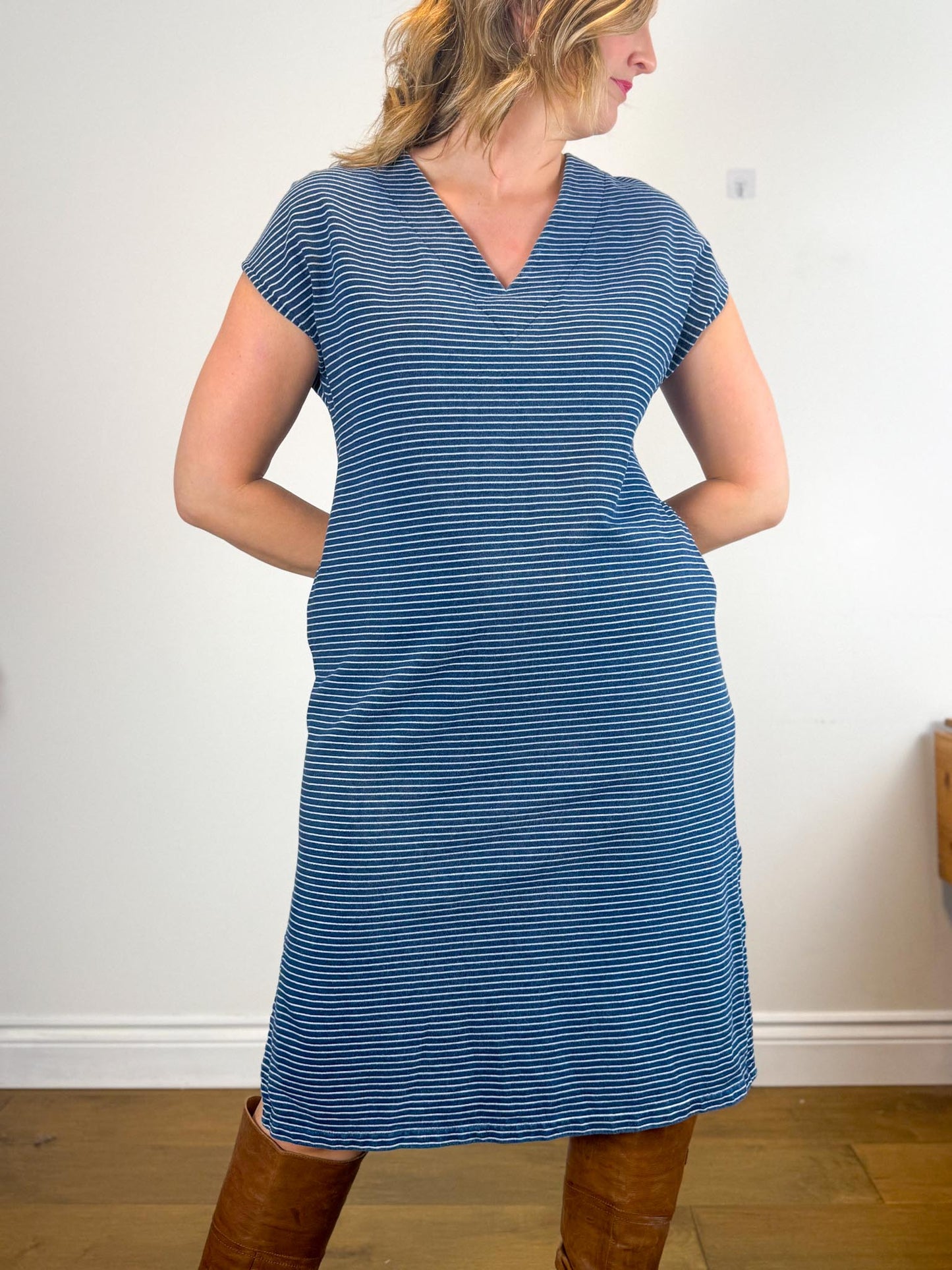 Dagg & Stacey Slow Fashion Striped Midi Dress in Blue/White (Size M/L)