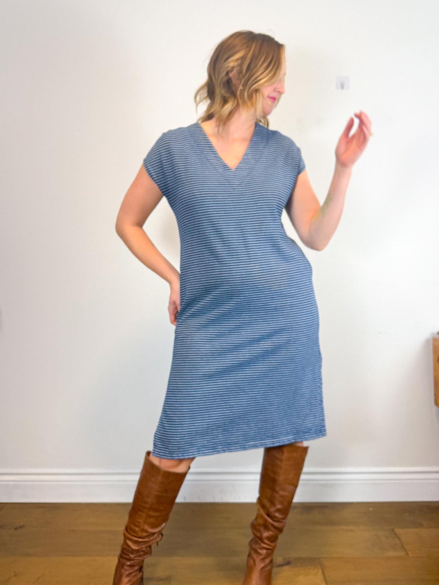 Dagg & Stacey Slow Fashion Striped Midi Dress in Blue/White (Size M/L)