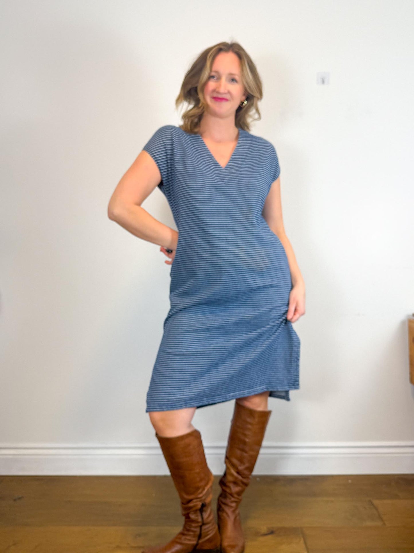 Dagg & Stacey Slow Fashion Striped Midi Dress in Blue/White (Size M/L)