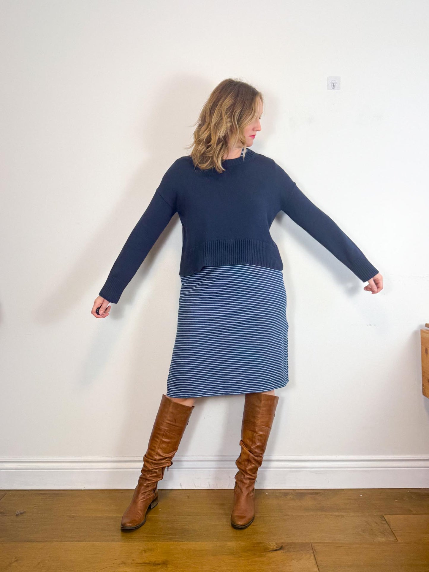 Dagg & Stacey Slow Fashion Striped Midi Dress in Blue/White (Size M/L)