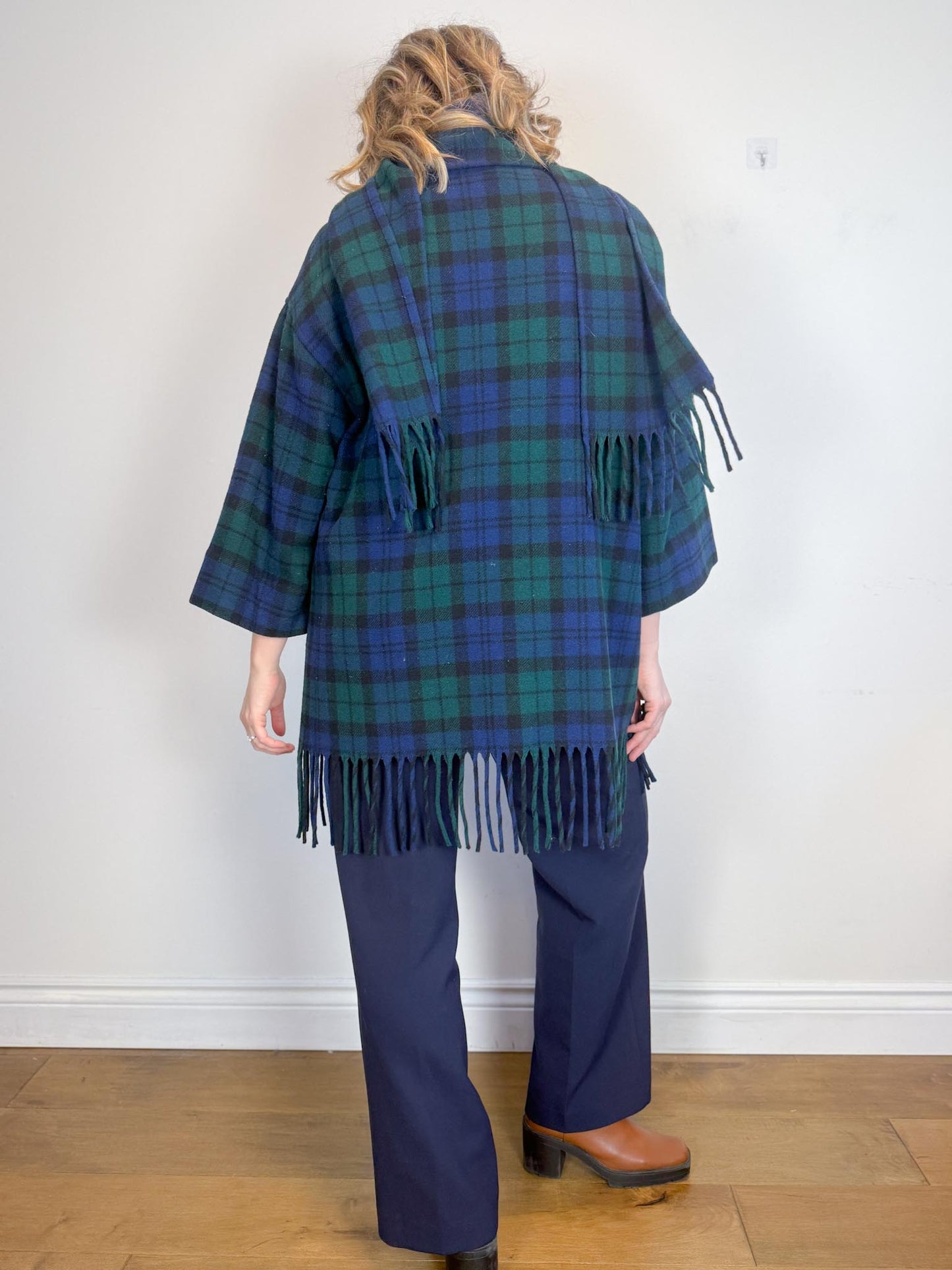 Vintage Plaid Wool Coat with Attached Scarf & Fringe (Size L)