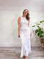 Vintage Floral Embroidered Maxi Dress in White (Size L)