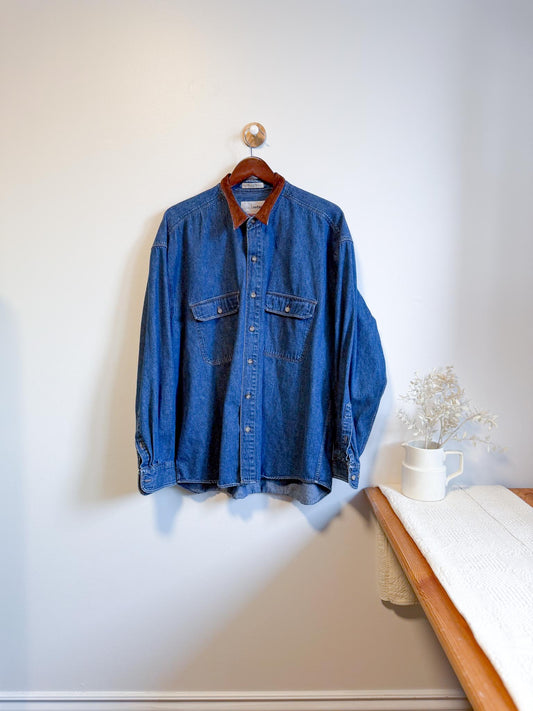 Vintage Denim Button Down with Brown Suede Collar (Size XL)