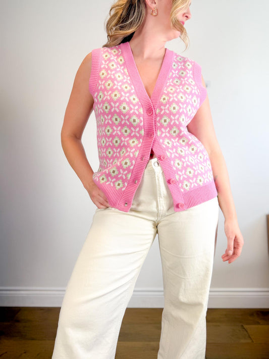 Sunday Best "Preston Sweater Vest in Pink Geometric Print" (Size M)