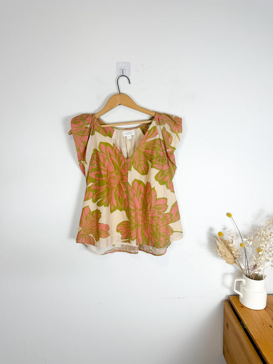 Velvet Floral Blouse in Pink/Green (Size S)