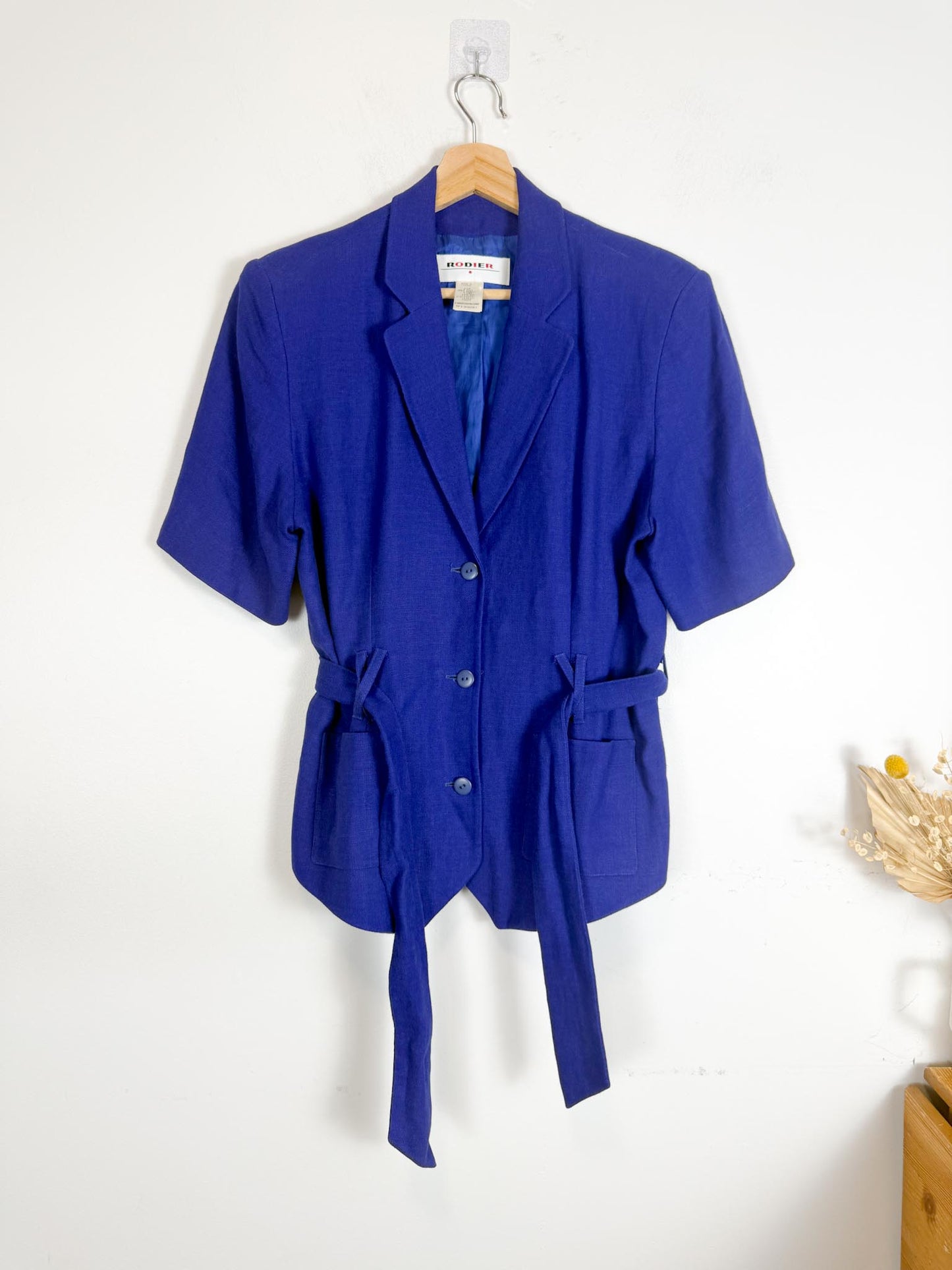 Vintage RODIER Short Sleeve Linen Blazer in Cobalt Blue (Size L)