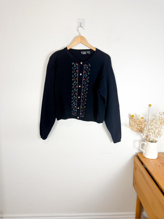 Vintage Liz Wear Bejeweled Cropped Cardigan in Navy (Size M/L)