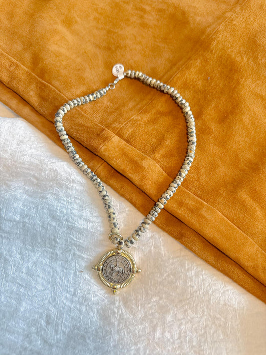 Stephanie Marie Jewelry "Speckled Beaded Necklace with Horse & Rider Pendant"