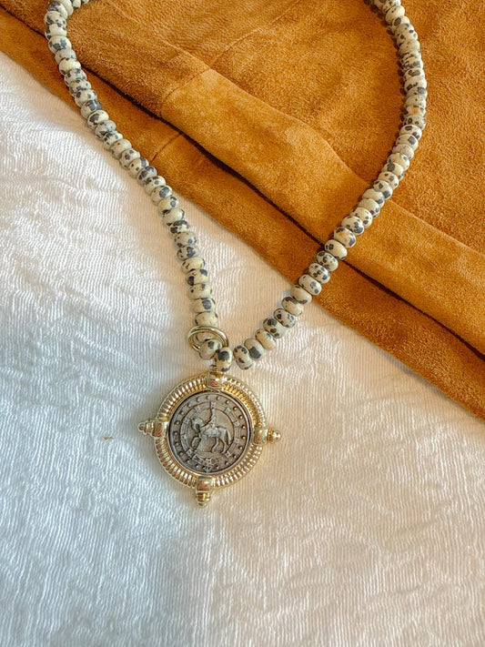 Stephanie Marie Jewelry "Speckled Beaded Necklace with Horse & Rider Pendant"
