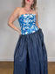 White House Black Market Silk Bustier Corset Top in White/Blue Floral (Size L)