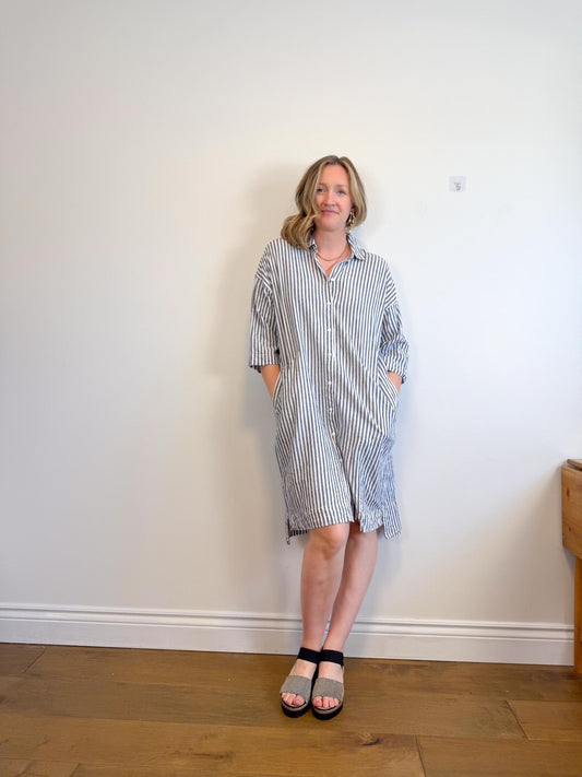 InWear "DrizaIW Linen Dress in White/Grey Stripe" (Size L/XL)