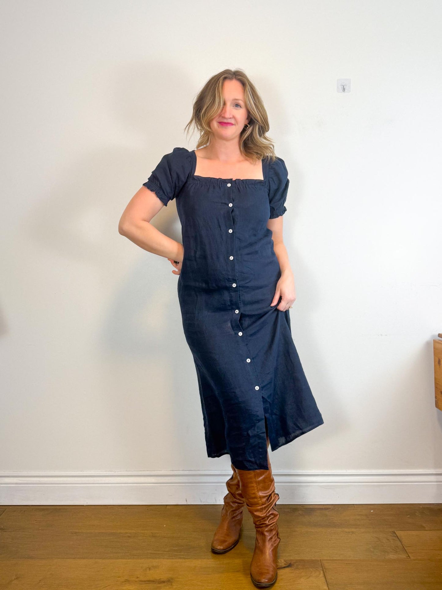 SLEEPER "Brigitte Midi Dress in Navy" (Size S-M)