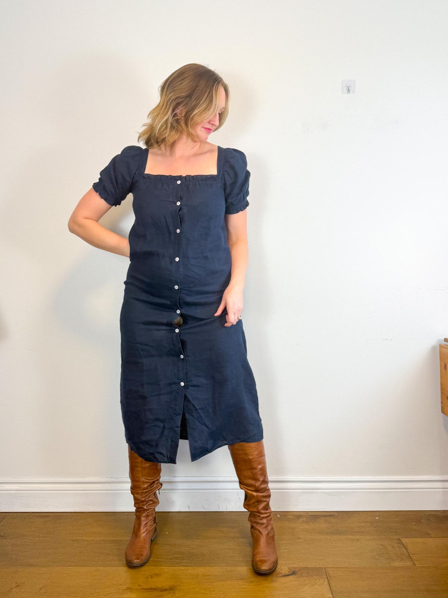 SLEEPER "Brigitte Midi Dress in Navy" (Size S-M)