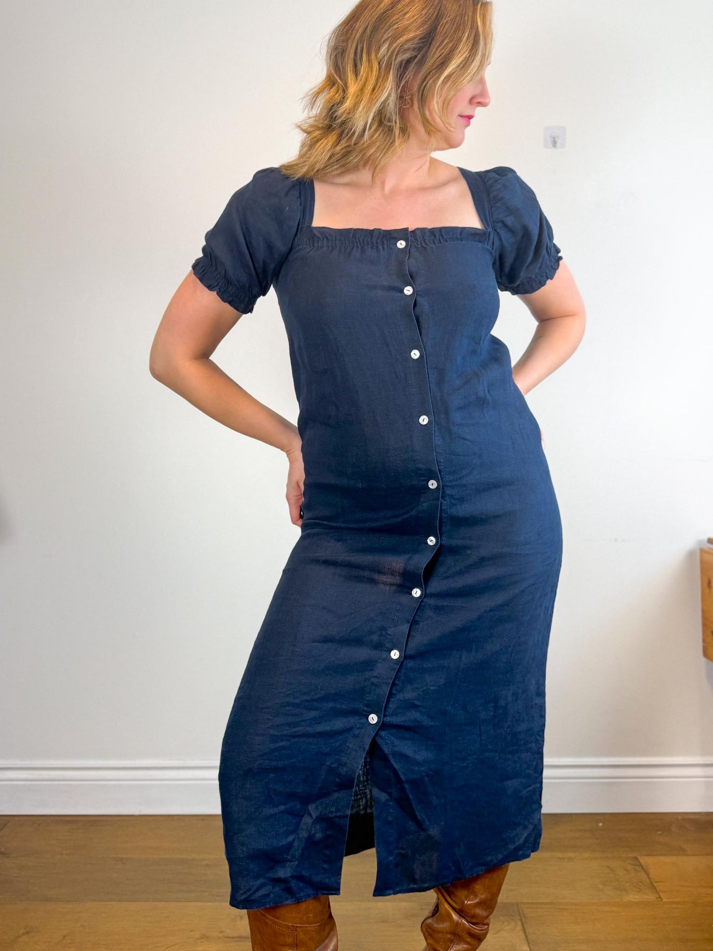 SLEEPER "Brigitte Midi Dress in Navy" (Size S-M)