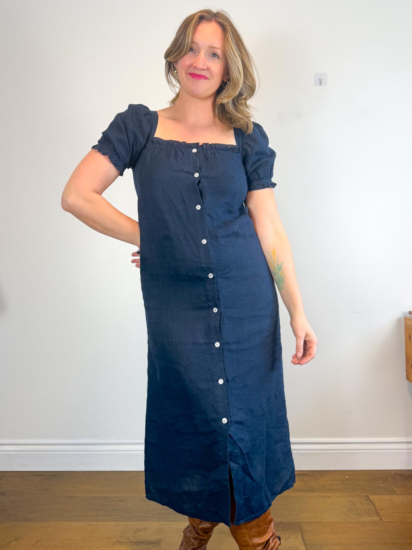SLEEPER "Brigitte Midi Dress in Navy" (Size S-M)