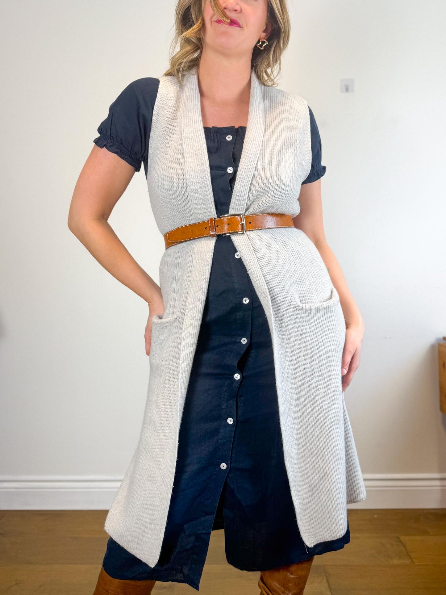 SLEEPER "Brigitte Midi Dress in Navy" (Size S-M)