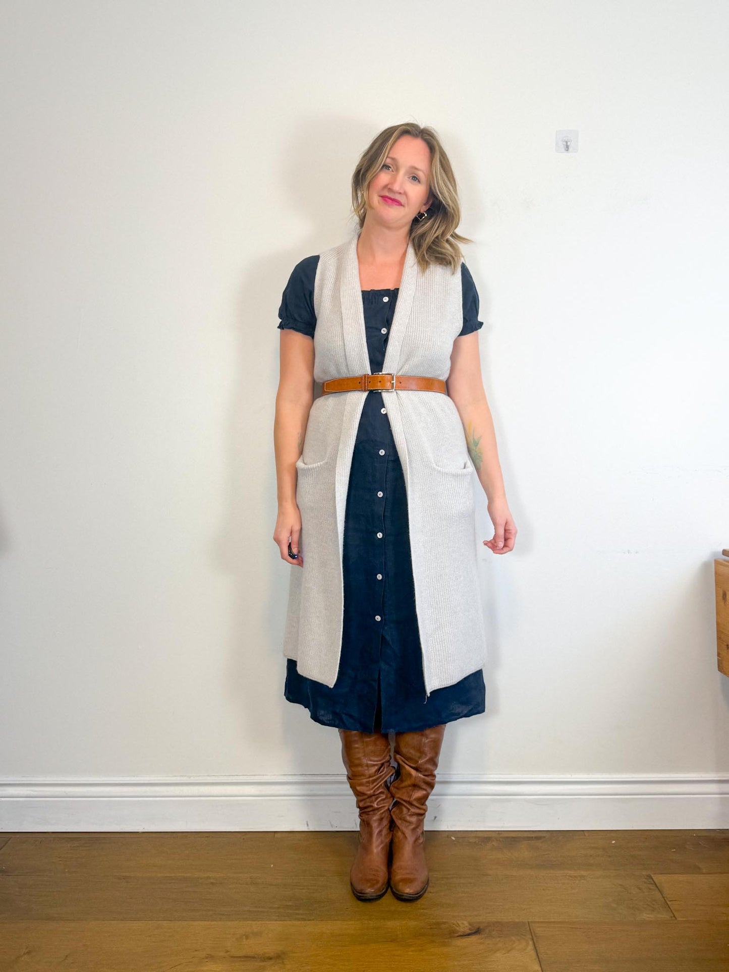 SLEEPER "Brigitte Midi Dress in Navy" (Size S-M)