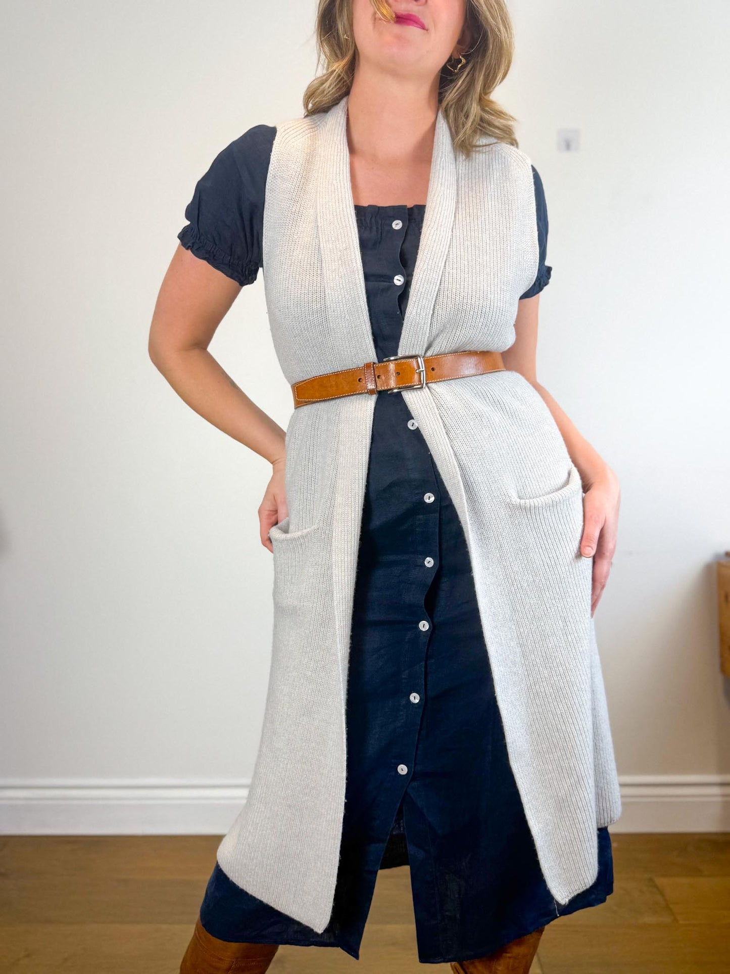 SLEEPER "Brigitte Midi Dress in Navy" (Size S-M)