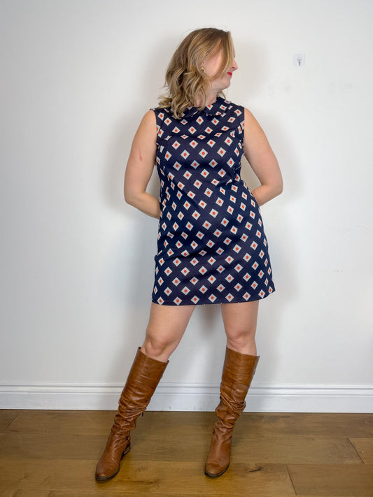 Vintage Geometric Pattern Mini Dress in Navy/Orange (Size L)