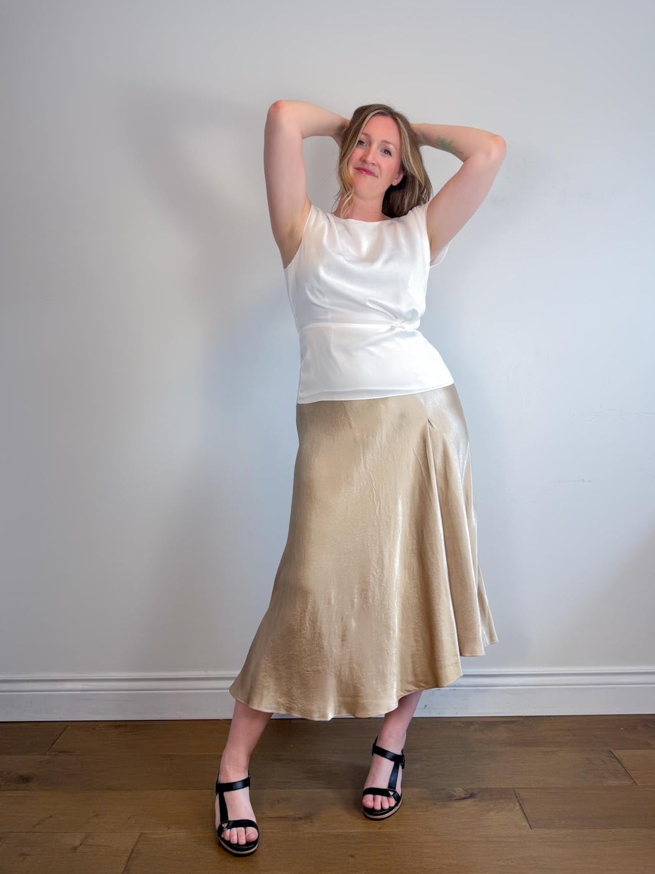 Massimo Dutti Satin Midi Skirt in Gold (Size L)