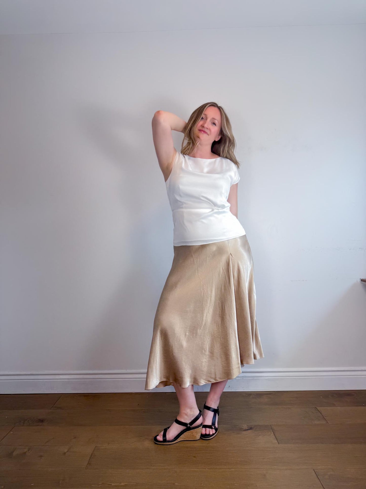 Massimo Dutti Satin Midi Skirt in Gold (Size L)