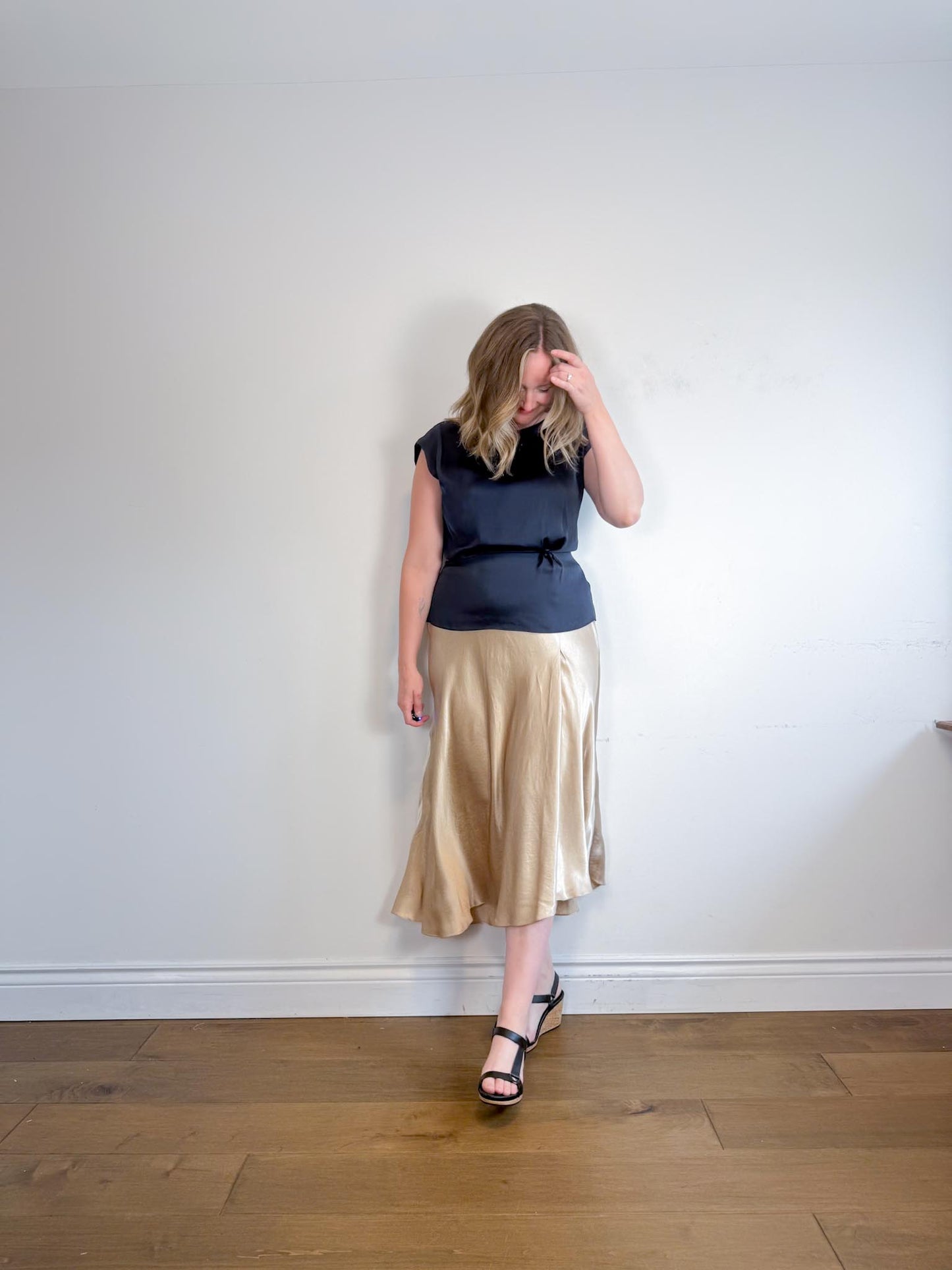REISS Satin Top in Navy (Size 10)