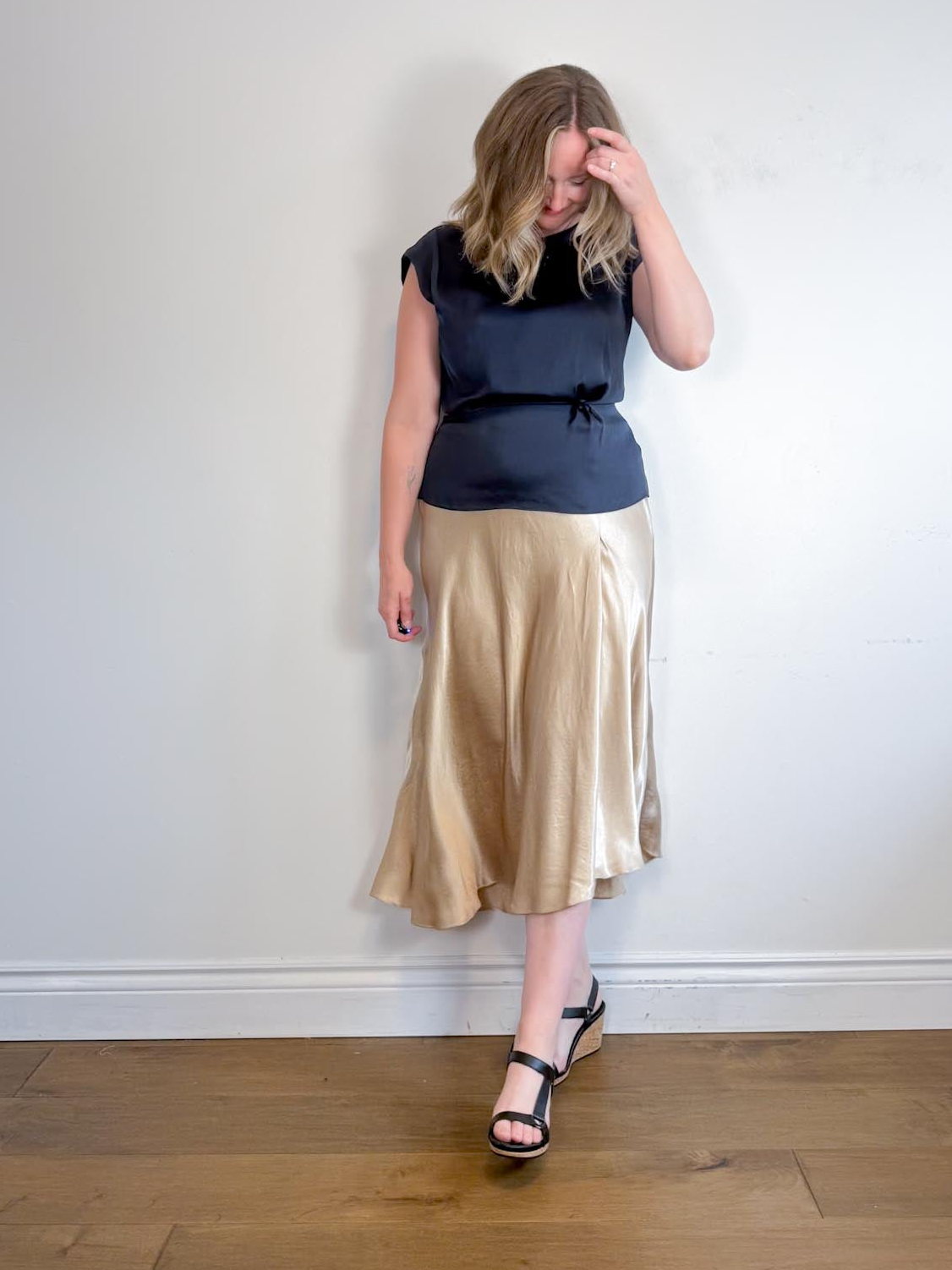 REISS Satin Top in Navy (Size 10)