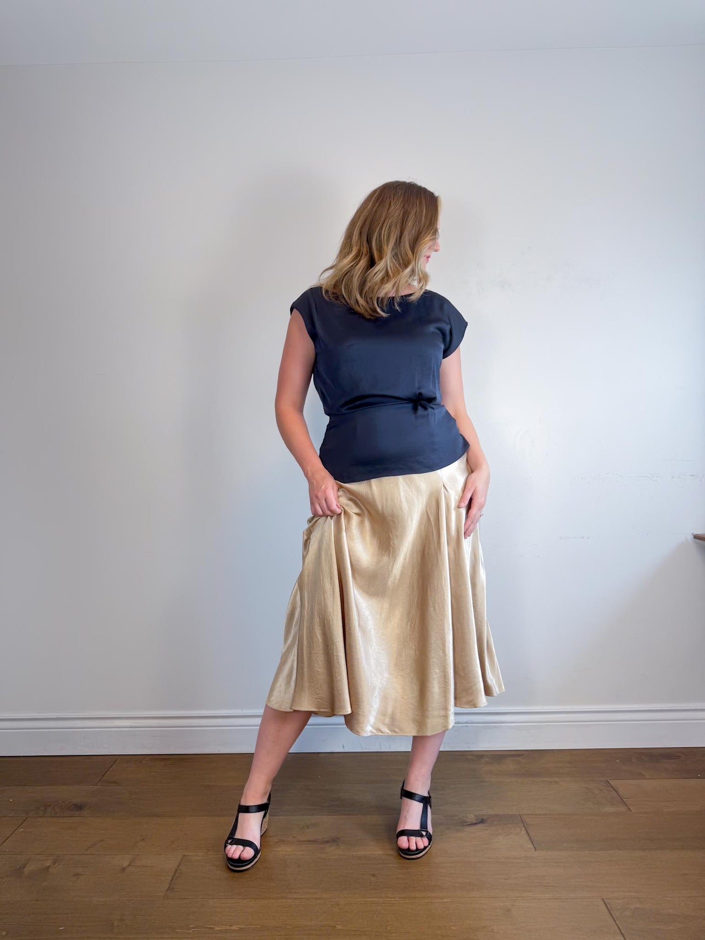 Massimo Dutti Satin Midi Skirt in Gold (Size L)
