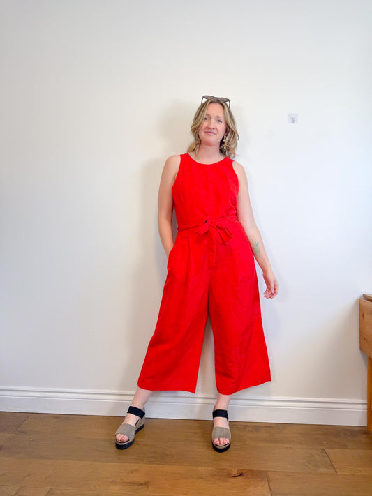 Banana Republic "Linen-Cotton Wide-Leg Cropped Jumpsuit in Red" (Size 14)