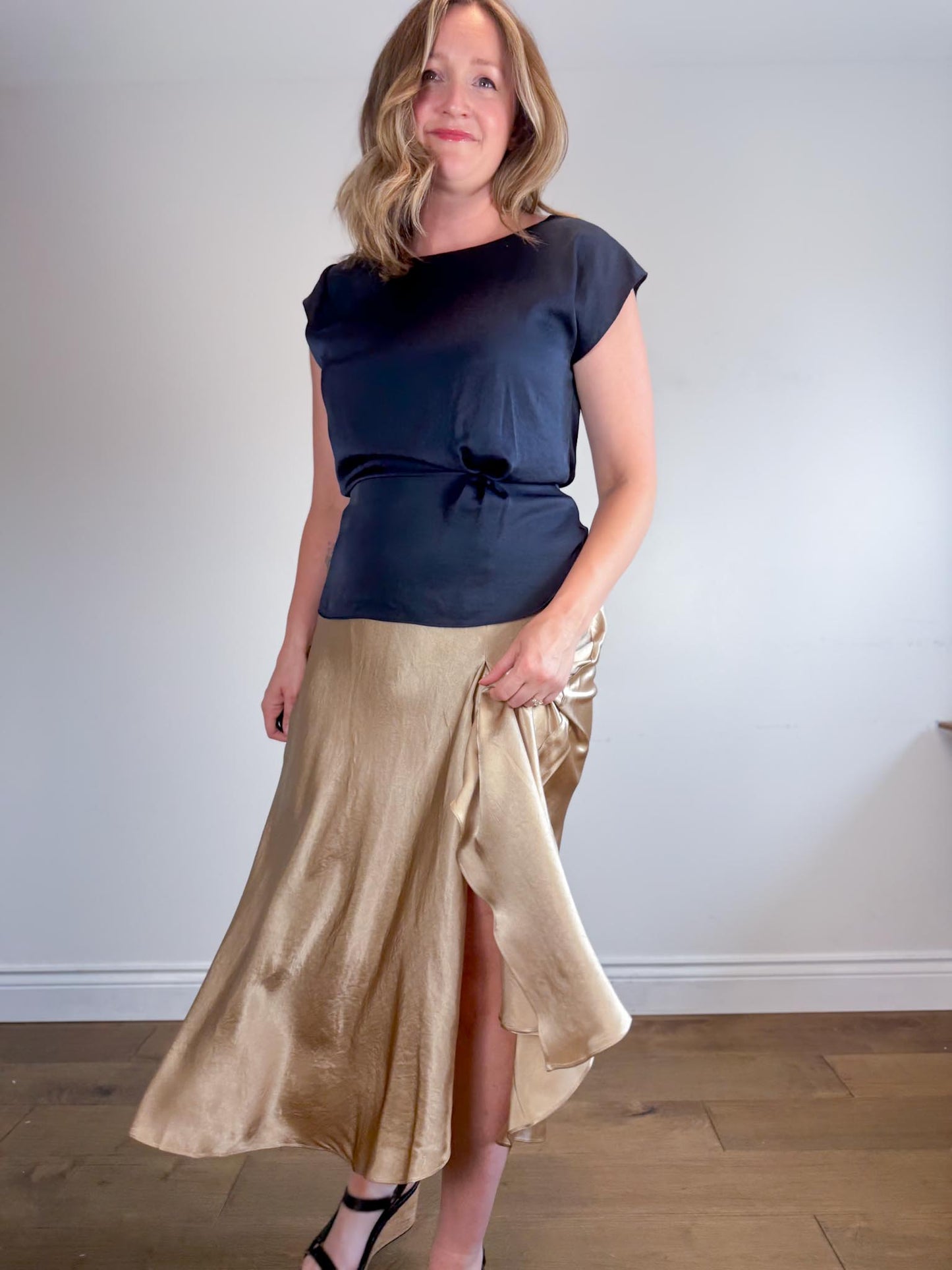 REISS Satin Top in Navy (Size 10)