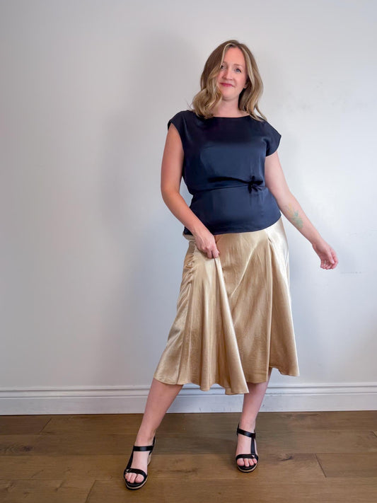 Massimo Dutti Satin Midi Skirt in Gold (Size L)
